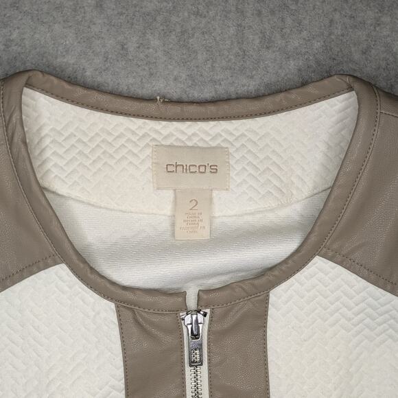 Chico’s Women L Ivory Brown Quilted Moto Jacket Faux Leather Zip Flawed - Picture 6 of 16